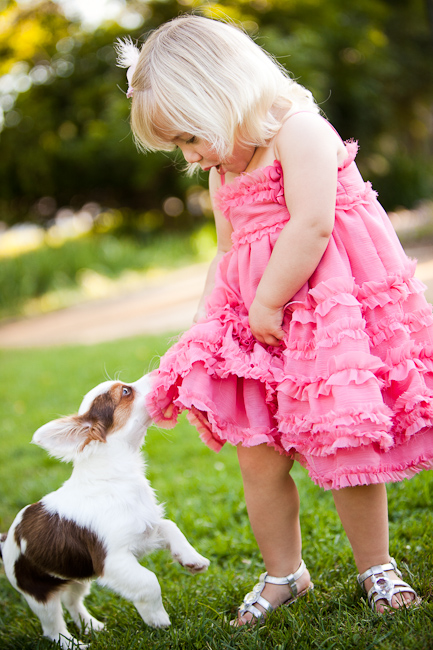 toddler girl and puppy