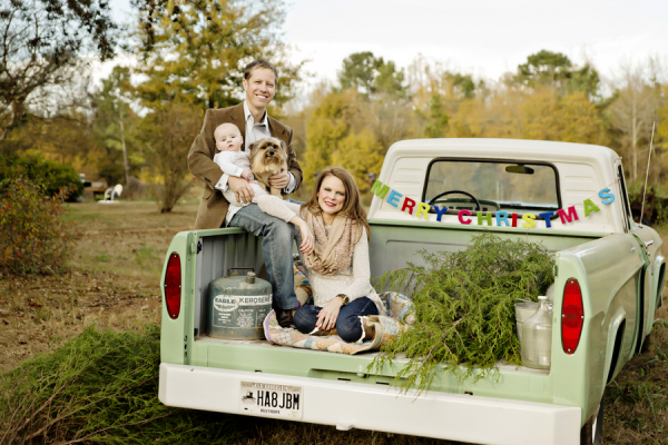 © Andie Freeman Photography |family photo: cute dog, old truck, and Christmas trees