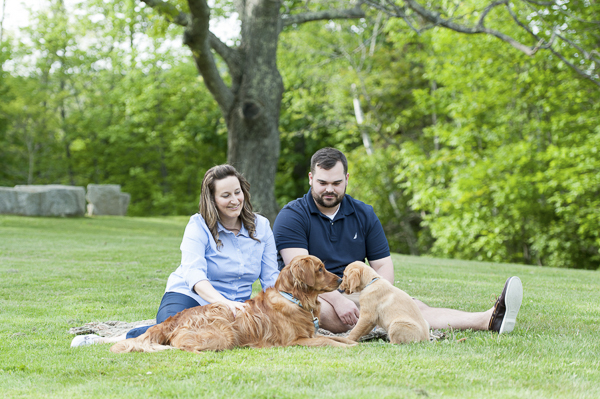 Engagement session with Golden Retriever sisters, Maine wedding photographers