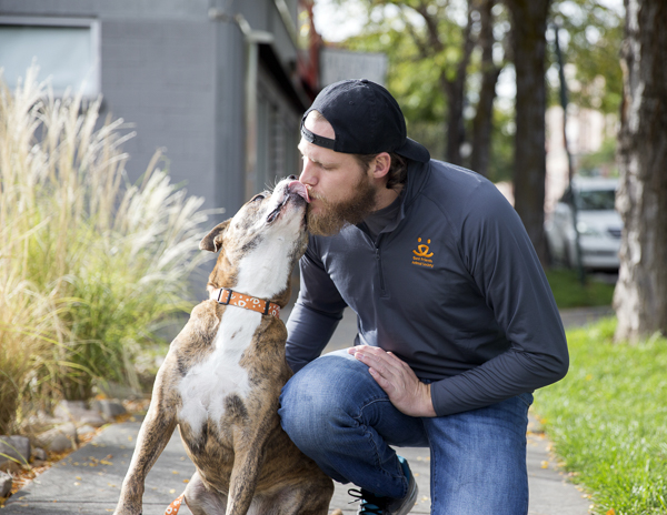 Pit-bull licking man's face