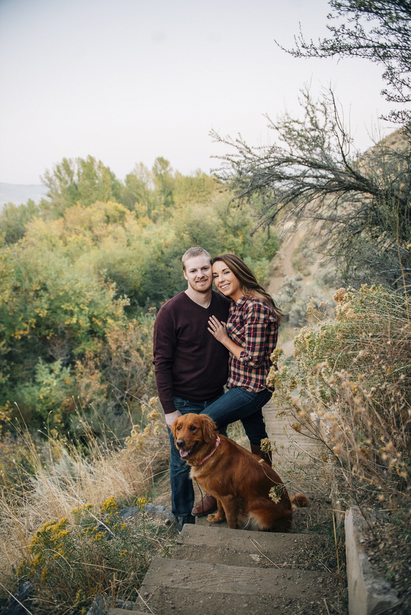 on location engagement pictures with dog, hiking with dog