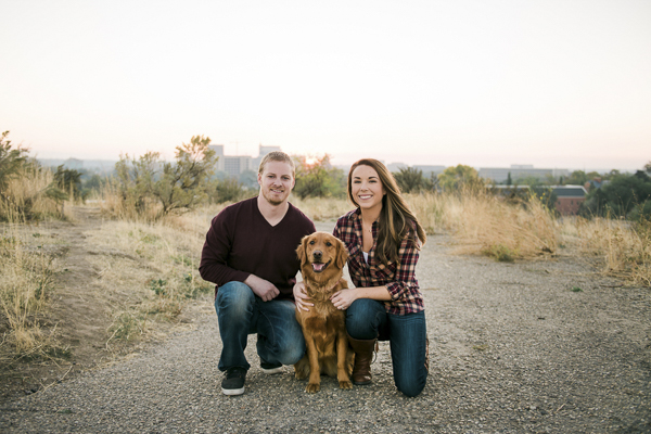 on location engagement photos, couple kneeling with dog, foothills engagement photos