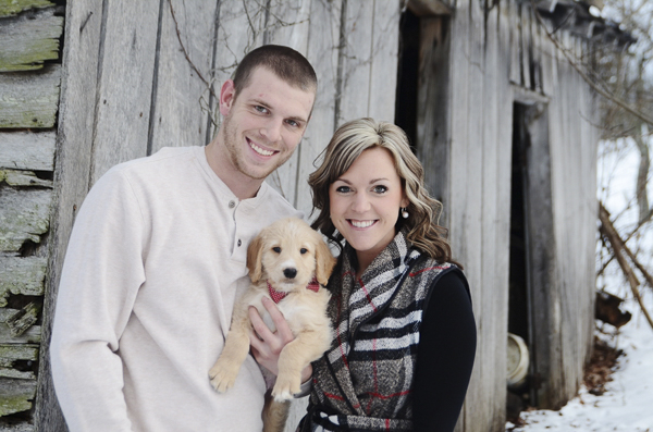 Goldendoodle puppy winter engagement pictures