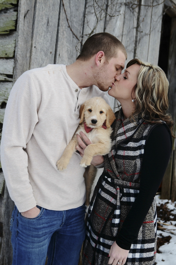 engagement photos with Goldendoodle puppy