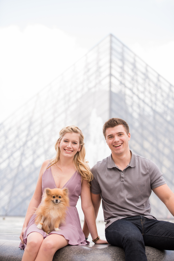engagement photos with dog, Louvre, Paris, France
