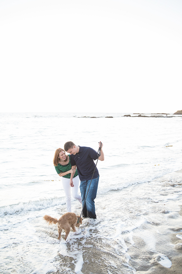 couple walking in ocean with puppy
