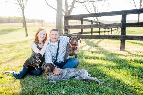 German-shorthaired-pointers-and-doxie-engagement-photos, rural engagement photos with dogs