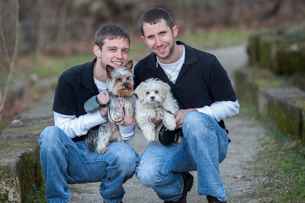 engaged couple and small dogs, on location engagement photography