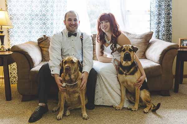 bride, groom and wedding dogs, on location wedding photography