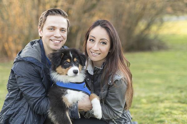 family portrait with Australian Shepherd puppy