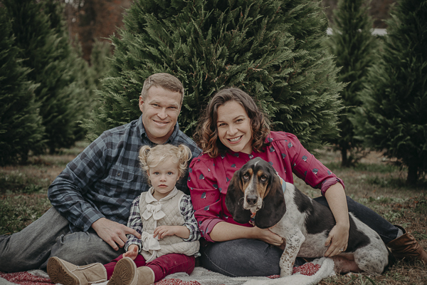 holiday photos with dogs, Christmas tree farm family photos