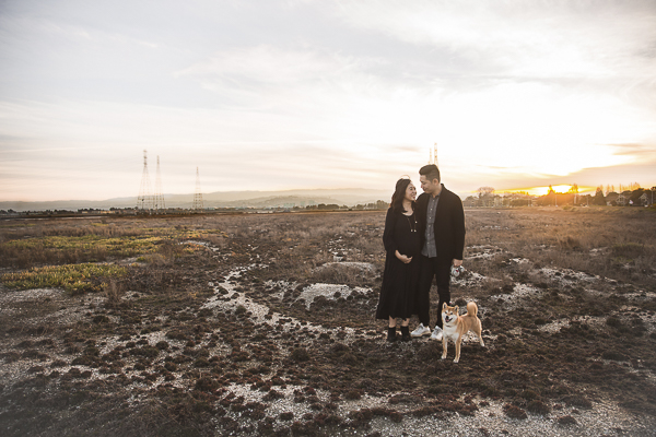 couple and dog outside at sunset, winter portraits with dog