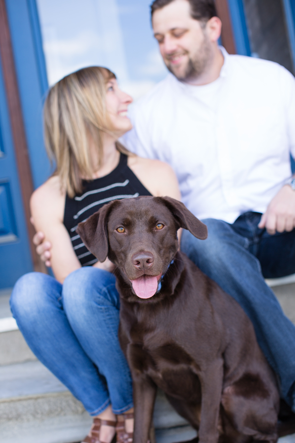 Chocolate Lab and couple sitting on front steps, urban engagement photos, ©Clicking Through Life