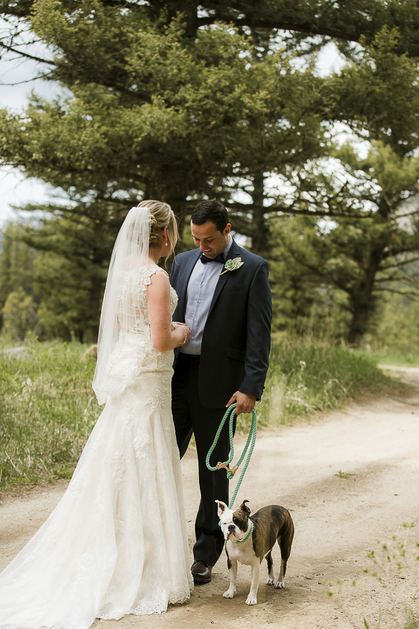 wedding dog, bride, groom and dog on dirt road, Montana wedding photography ©Elements of Light Photography
