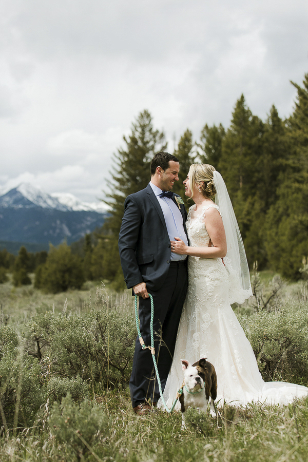 wedding dog, French bulldog mix, bride, groom in meadow, Rocky Mountain wedding ©Elements of Light Photography