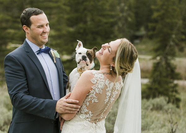 bulldog mix and wedding couple outside among evergreens, wedding dog ©Elements of Light Photography