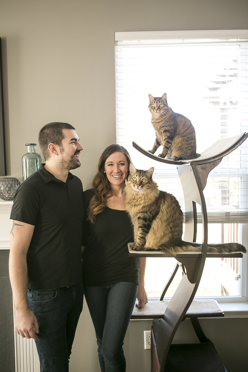 cats on modern cat tree and their humans, lifestyle family photos with cats, ©Mandy Whitley Photography | Nashville pet photography