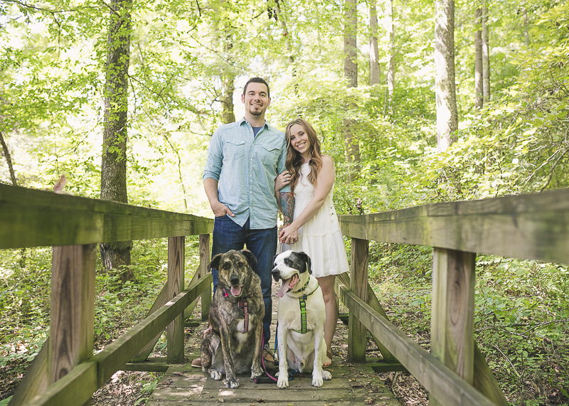 Engaged couple and their mixed breed dogs on wood footbridge, engagement photos with dogs 