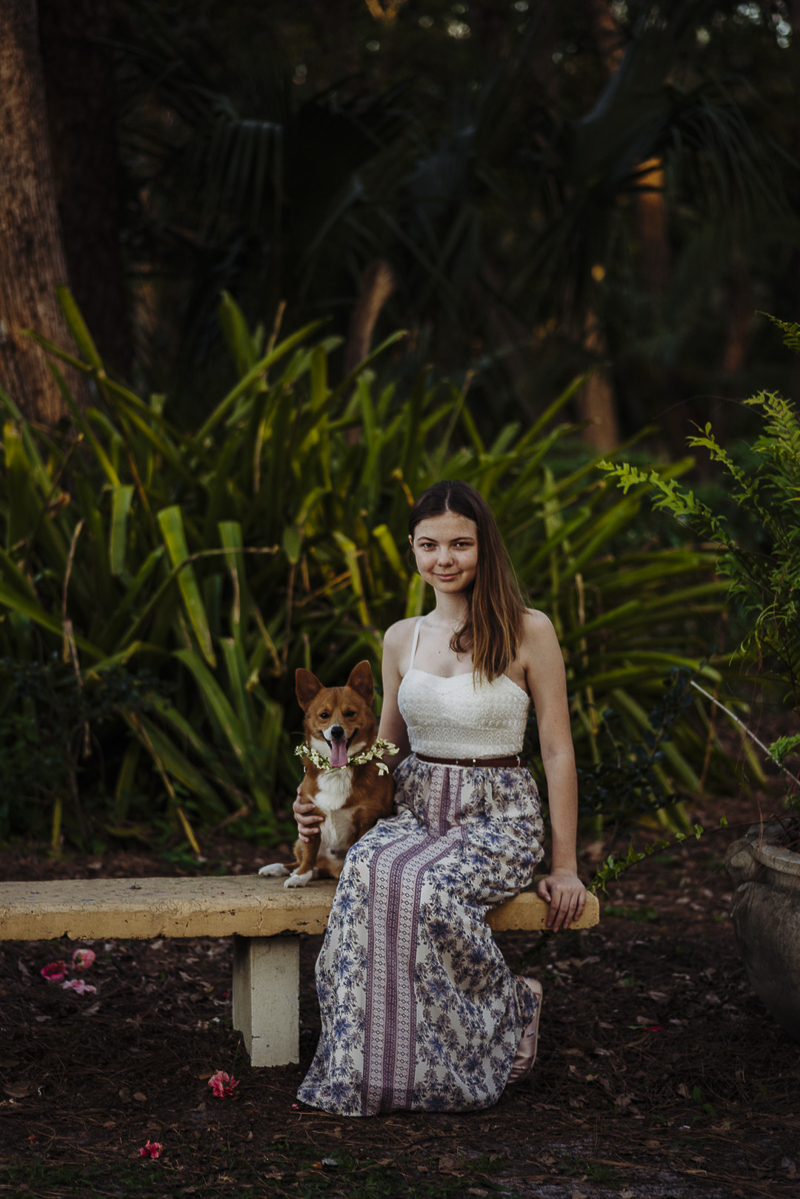 girl and Corgi sitting on bench in rose garden ©DR Photography | lifestyle family portraits