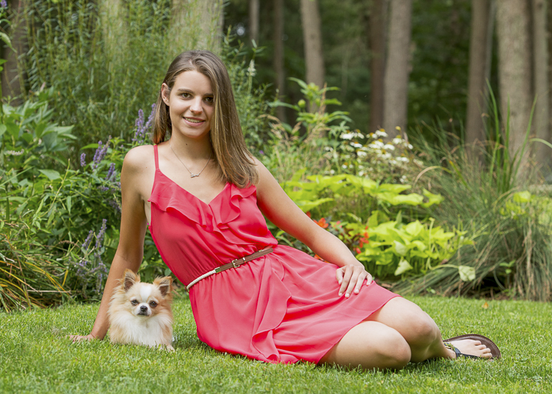 teen sitting next to adorable long haired Chi, senior portraits with dogs ©Trina Bauer Photography