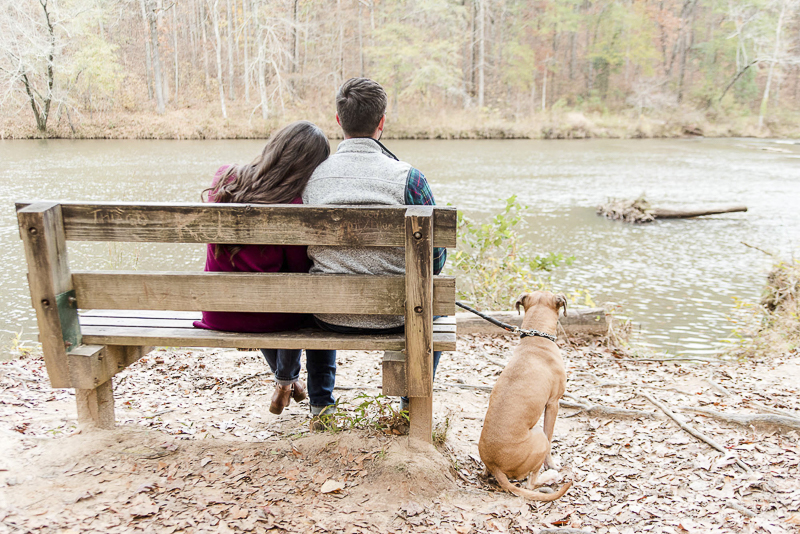 couple sitting on a bench looking at river, dog sitting next to them, ©Heather K Cook Photography | Atlanta dog friendly engagement portraits