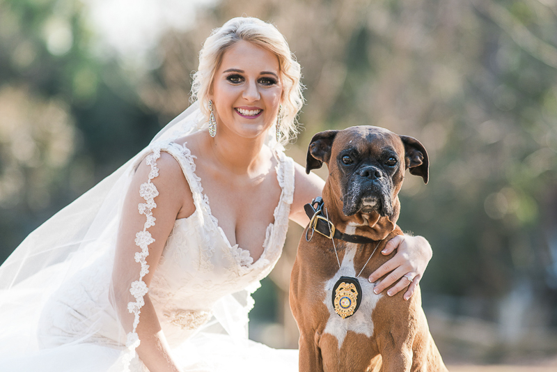 Bride and her dog, Boxer wearing Police badge, ©Sugar Peach Productions | dog friendly bridal photos