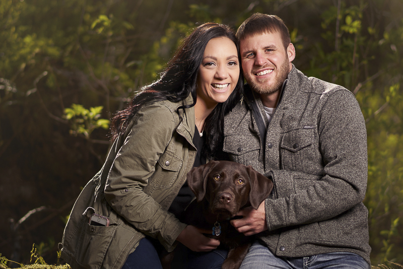 couple and their chocolate lab pup, ©Lavender Bouquet Photography | dog friendly engagement portraits
