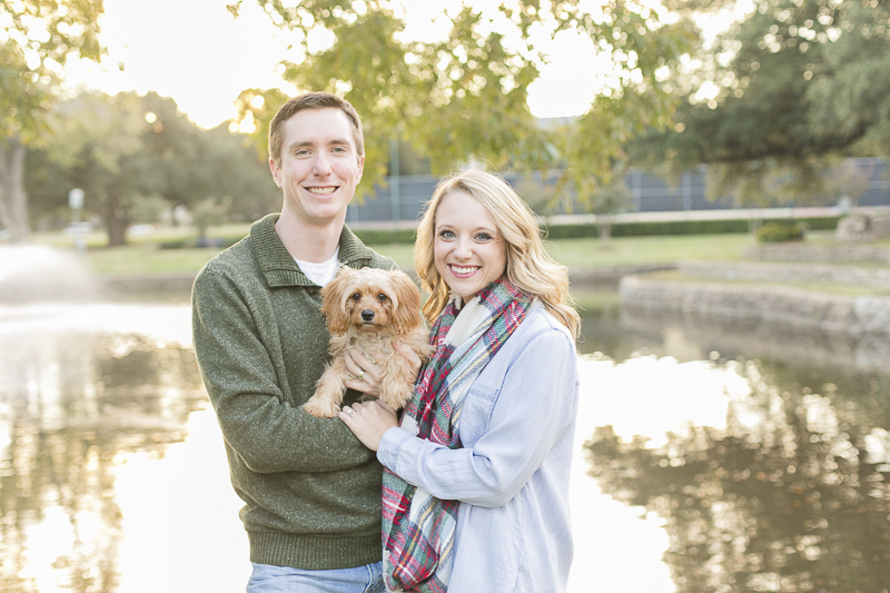 Cavalier Spaniel-poodle mix and family in front of pond, ©Abbie Mae Photography Dallas lifestyle family and dog photography 