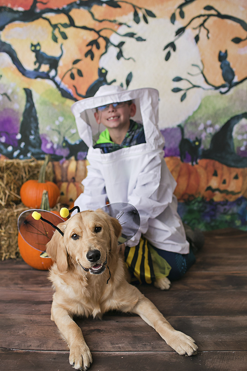Halloween costume ideas for dog and child, bee and beekeeper costume, Philadelphia pet photographer, April Ziegler Photography