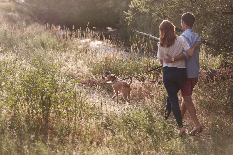 couple walking their dog in park | Colorado dog-friendly engagement session, ©Good Morrow Photography
