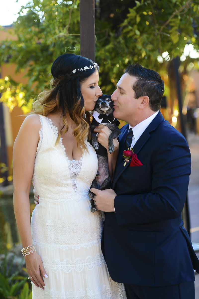 bride and groom kissing their dog, ©CR Photography, dog-friendly wedding