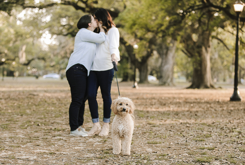 dog friendly engagement photos, two women and their dog in the park ©Theresa Elizabeth Photography | dog-friendly engagement session, New Orleans, 