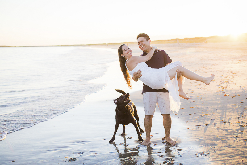 couple and dog on the beach, engagement photos with a dog | Trish Kemp Photography, New England wedding photographer