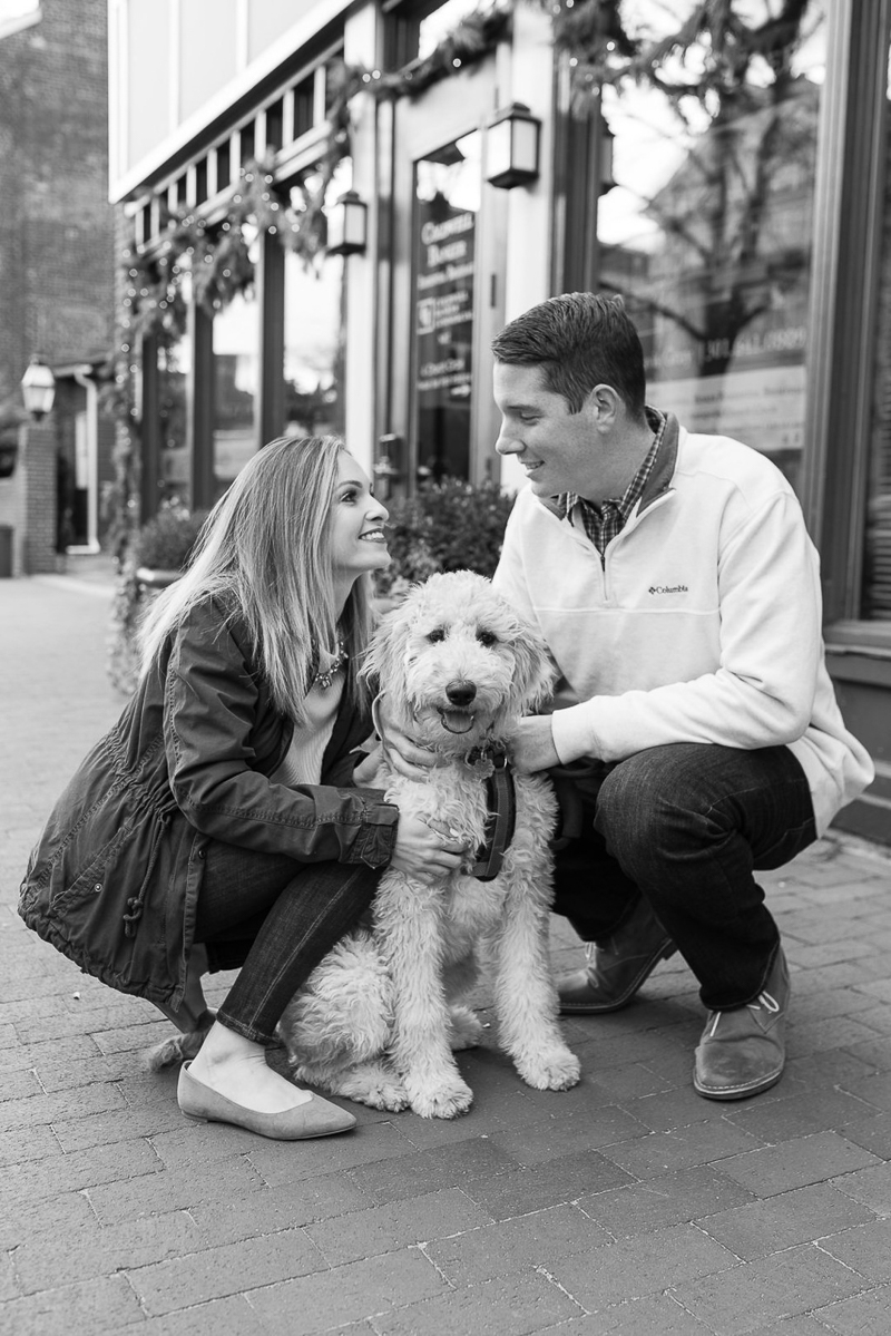 black and white engagement photos with a dog, ©Ashton Kelly Photography | dog friendly engagement session, Annapolis, MD