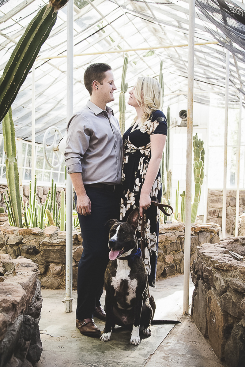 dog friendly engagement shoot, greenhouse engagement session with a dog Poppyseed Photography