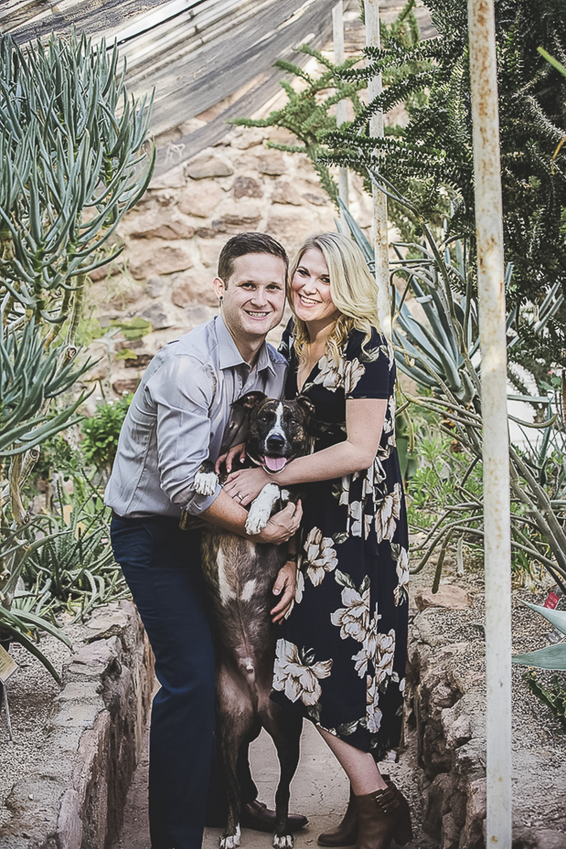 Poppyseed Photography | couple and their dog in Botanical Gardens, Superior, AZ