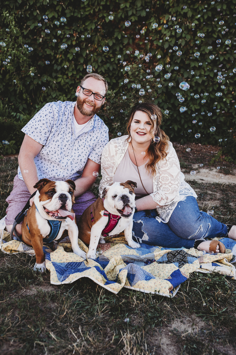 ©Irish Eyes Photography | lifestyle dog portraits, couple and their dogs on blanket, bubble machine