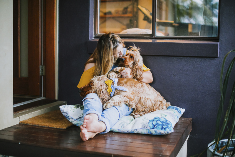 love between humans and dogs, creative dog photography ideas, woman and her dogs sitting on a pillow | Dogfolk Pet Photography