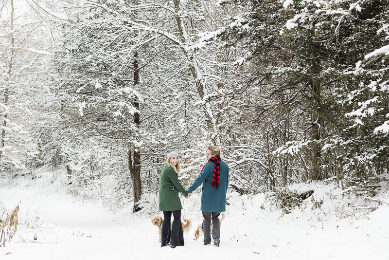 couple walking their dogs in the snowy woods, Lauren Engfer Photography, winter family portraits