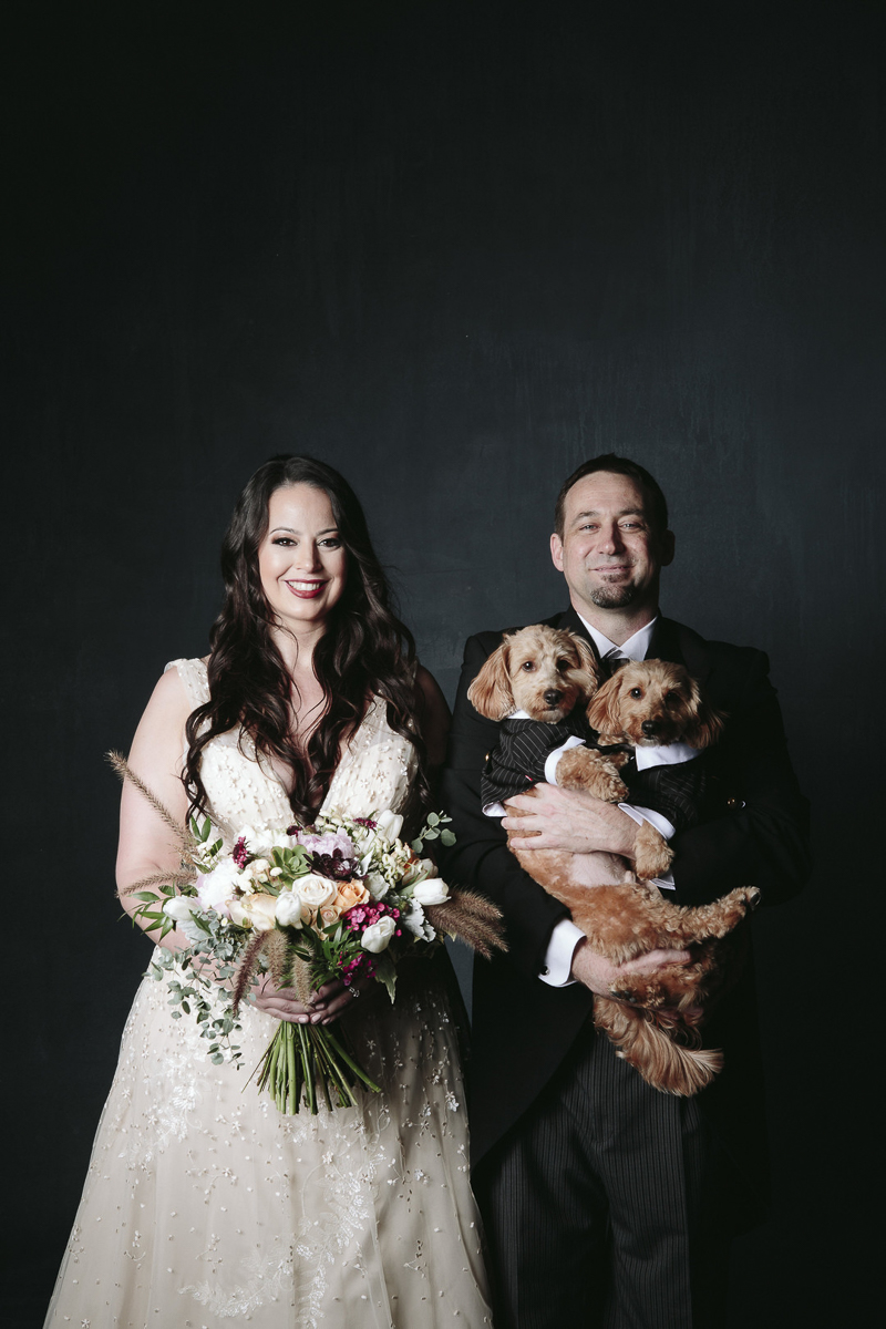 formal Studio Engagement Session With Dogs, bridal wear, dogs in tuxes, ©Nicole Caldwell Photography