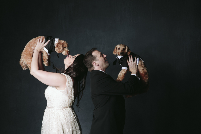 dogs and their humans, studio pet photography, couple in wedding clothes holding dogs in tuxes, ©Nicole Caldwell Photography