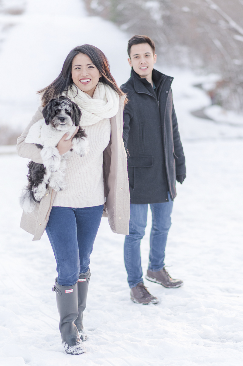 Winter sunset engagement session with a dog, ©Rebecca Sigety Photography, Reston, VA