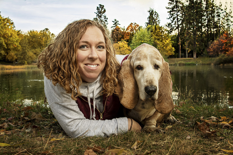 woman and Basset Hound, fall lifestyle dog photography ©Noses and Toes Photography, Spokane lifestyle dog photography