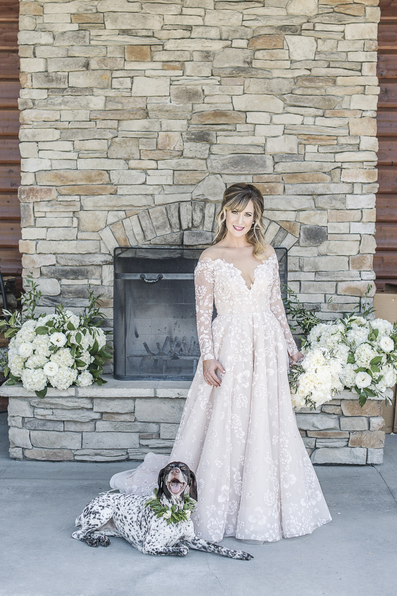 bride in blush wedding dress and her dog, © epagaFOTO | wedding dog, Buffalo Lodge. Kansas City