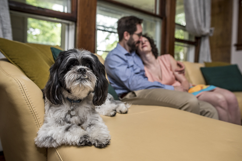 ©Ueda Photography, in home engagement portraits with small dog