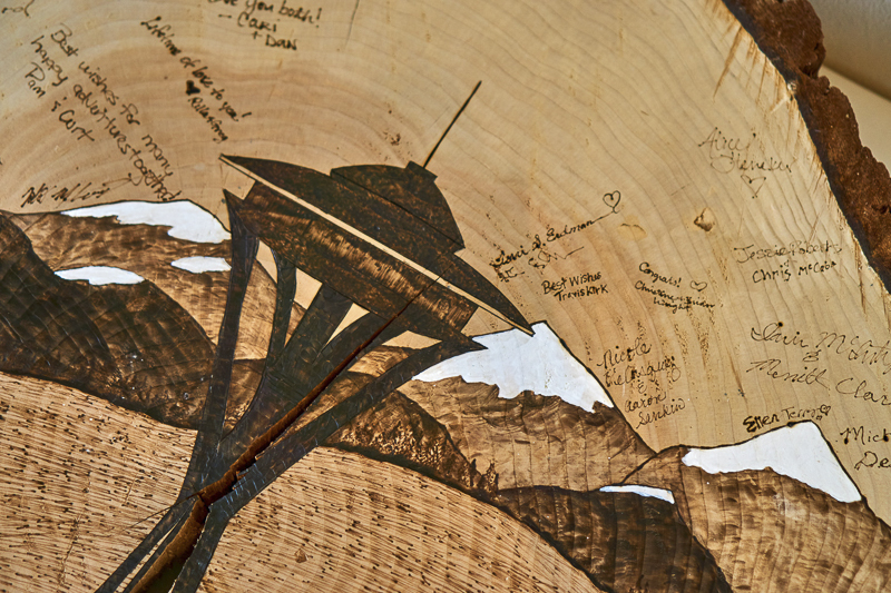 Seattle skyline woodburning, creative wedding guest book ©Lavender Bouquet Photography