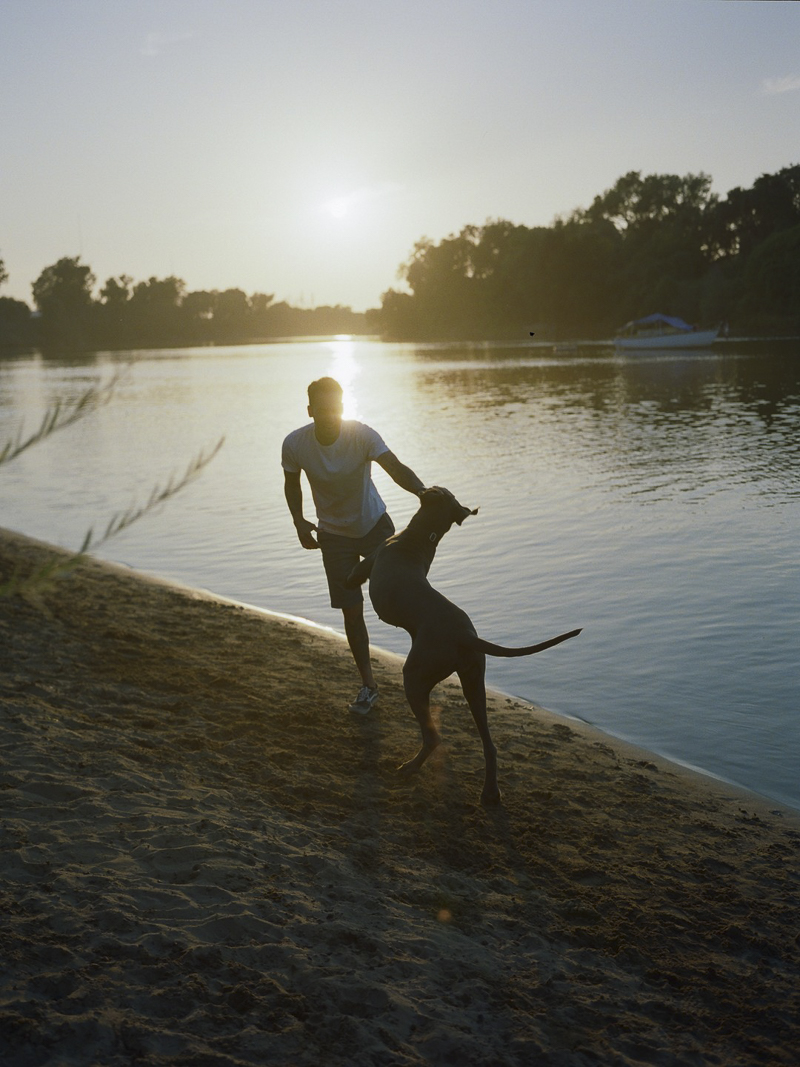 man and his dog playing on water's edge, ©Rachel Sima Photography | Sacramento lifestyle dog photography