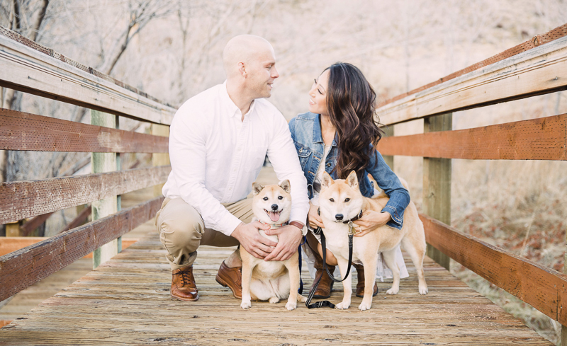 couple and their Shiba Inus on boardwalk, ©Alycia Moore Photography | Red Springs, Red Rock Canyon, Nevada
