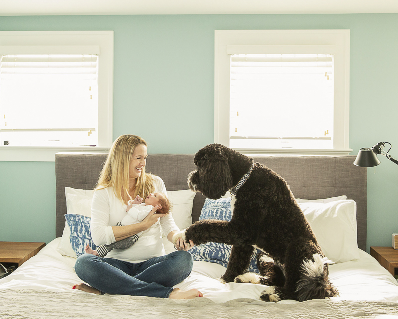 new mom, newborn and dog on the bed | ©Imagine It Photography | in home newborn session,
