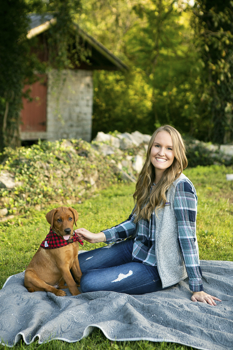 cute puppy wearing red checked bananda and his favorite person, girl and her dog | ©Mandy Whitley Photography